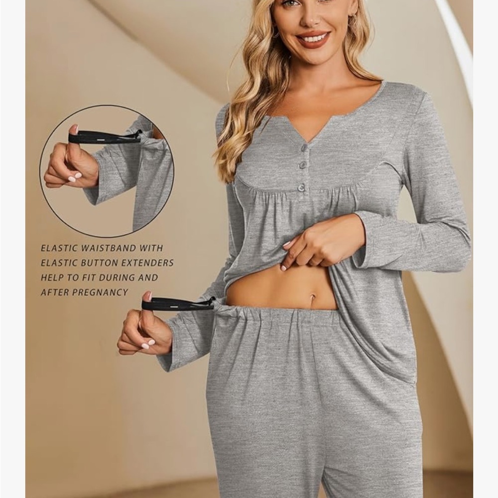 Ekouaer Women's Gray Long Sleeve Maternity & Lounge Pajama Set XL - Picture 3 of 8